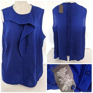 Chic Dark Blue Sleeveless Ruffle Round Neck Blouse W/ Back Button Sz L, NWT